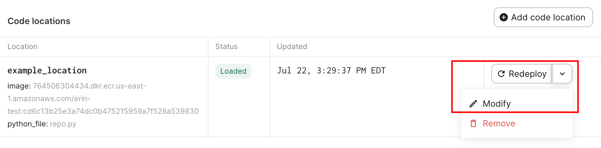 Highlighted Modify option in the dropdown menu next to a code location in Dagster Cloud